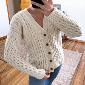 Brandy Melville Wool Blend Cream Cable Knit Classic Preppy Knit Cardigan Sweater